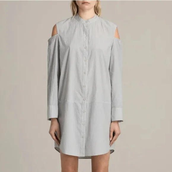 All Saints | Dresses | All Saints Cold Shoulder Dress S Pin Stripe Floria  Mini Long Sleeve Button Down | Poshmark